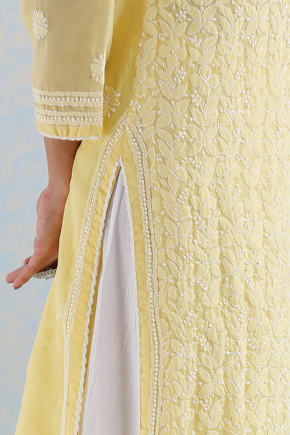 Yellow Chikankari Mul Cotton Hand Embroidered Kurta with Slip - Set of 2