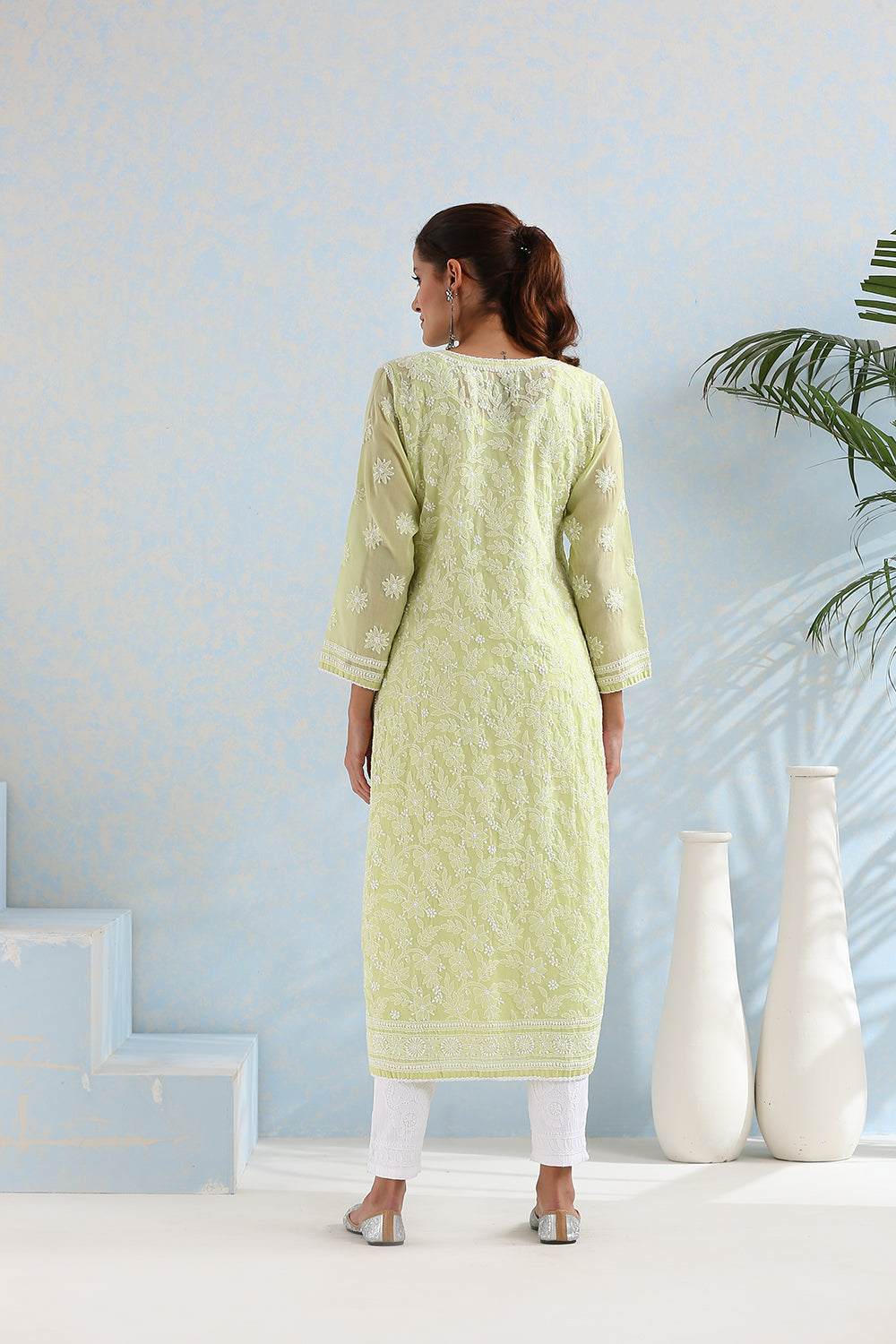 Liril Green Chikankari Front & Back Fully Embroidered Kurta with Slip - Set of 2