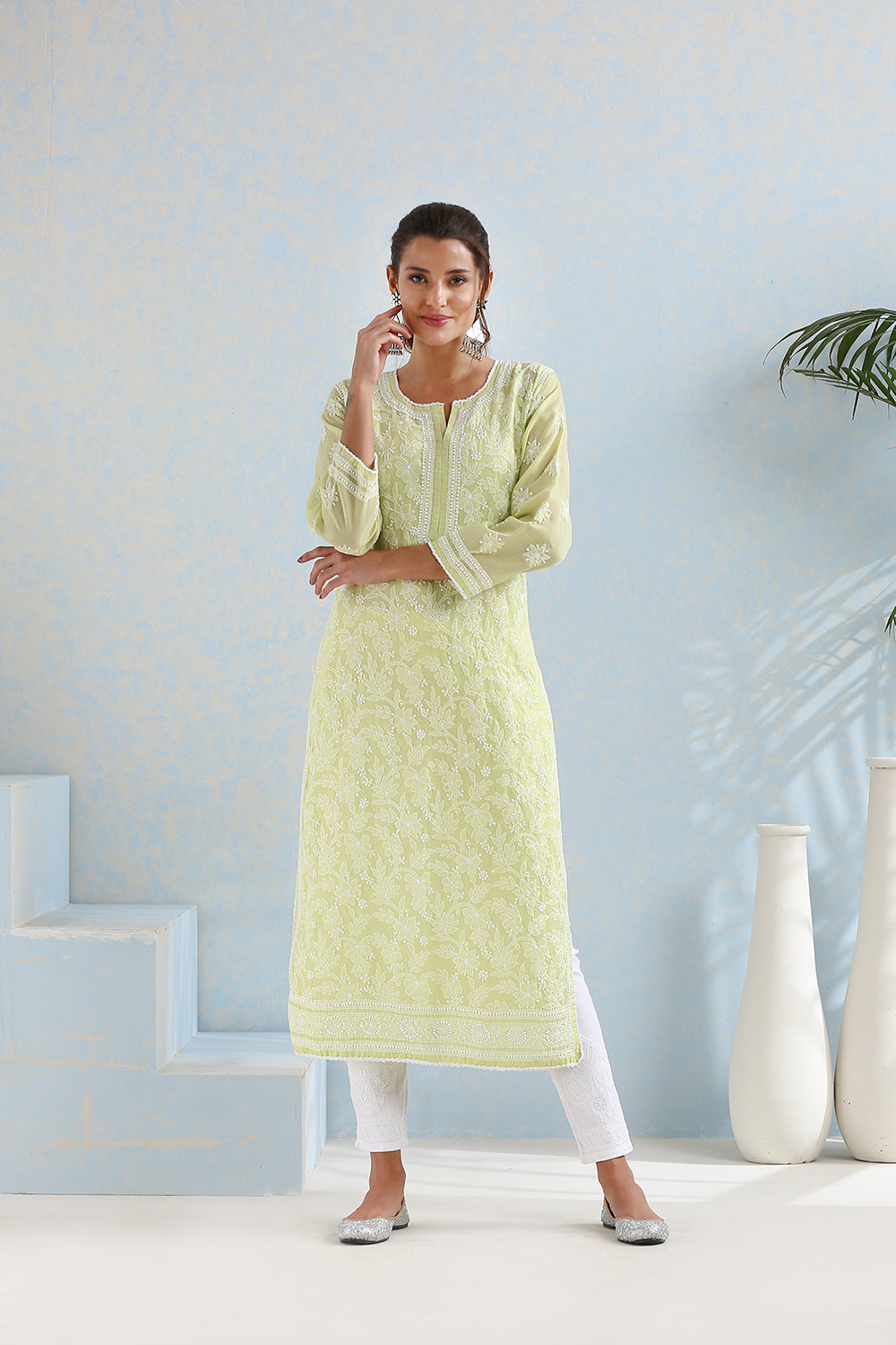 Liril Green Chikankari Front & Back Fully Embroidered Kurta with Slip - Set of 2