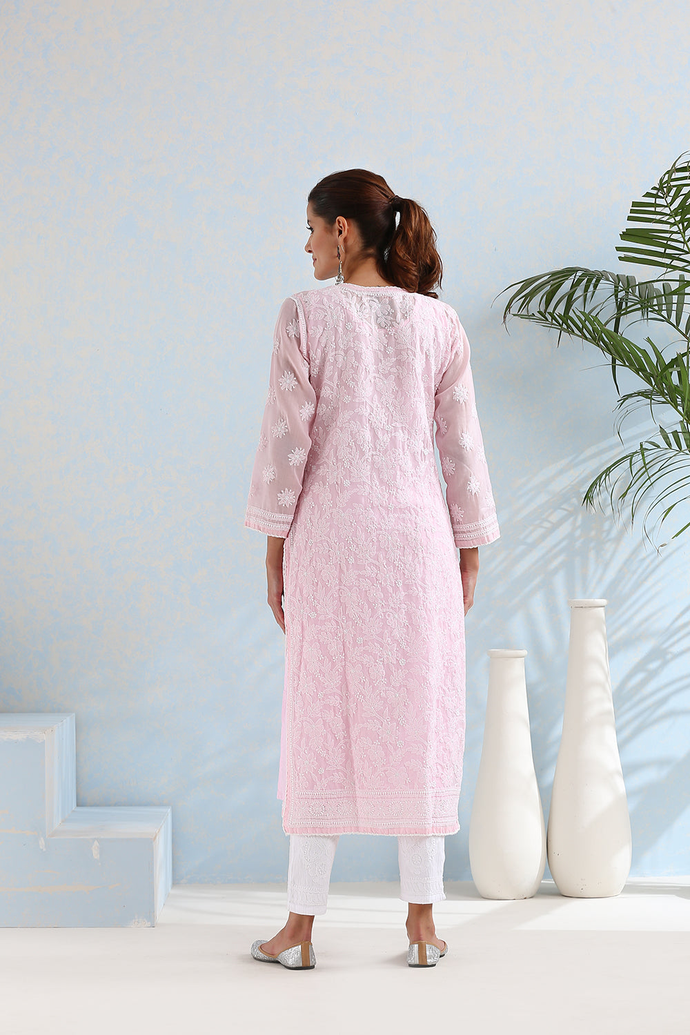 Pink Chikankari Front & Back Fully Embroidered Kurta with Slip - Set of 2