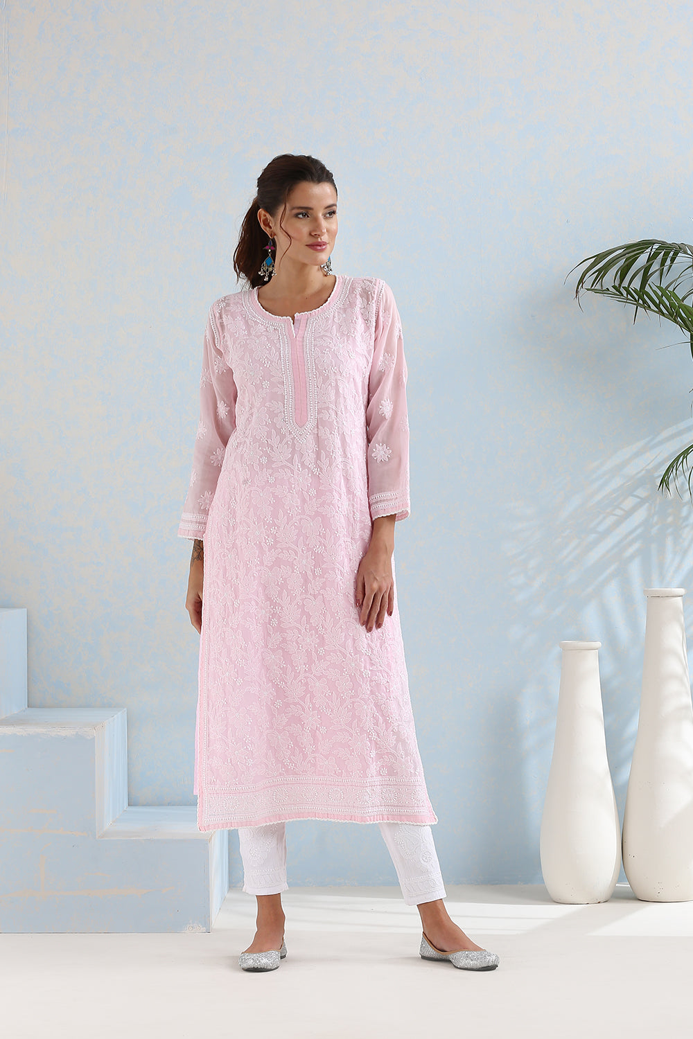 Pink Chikankari Front & Back Fully Embroidered Kurta with Slip - Set of 2