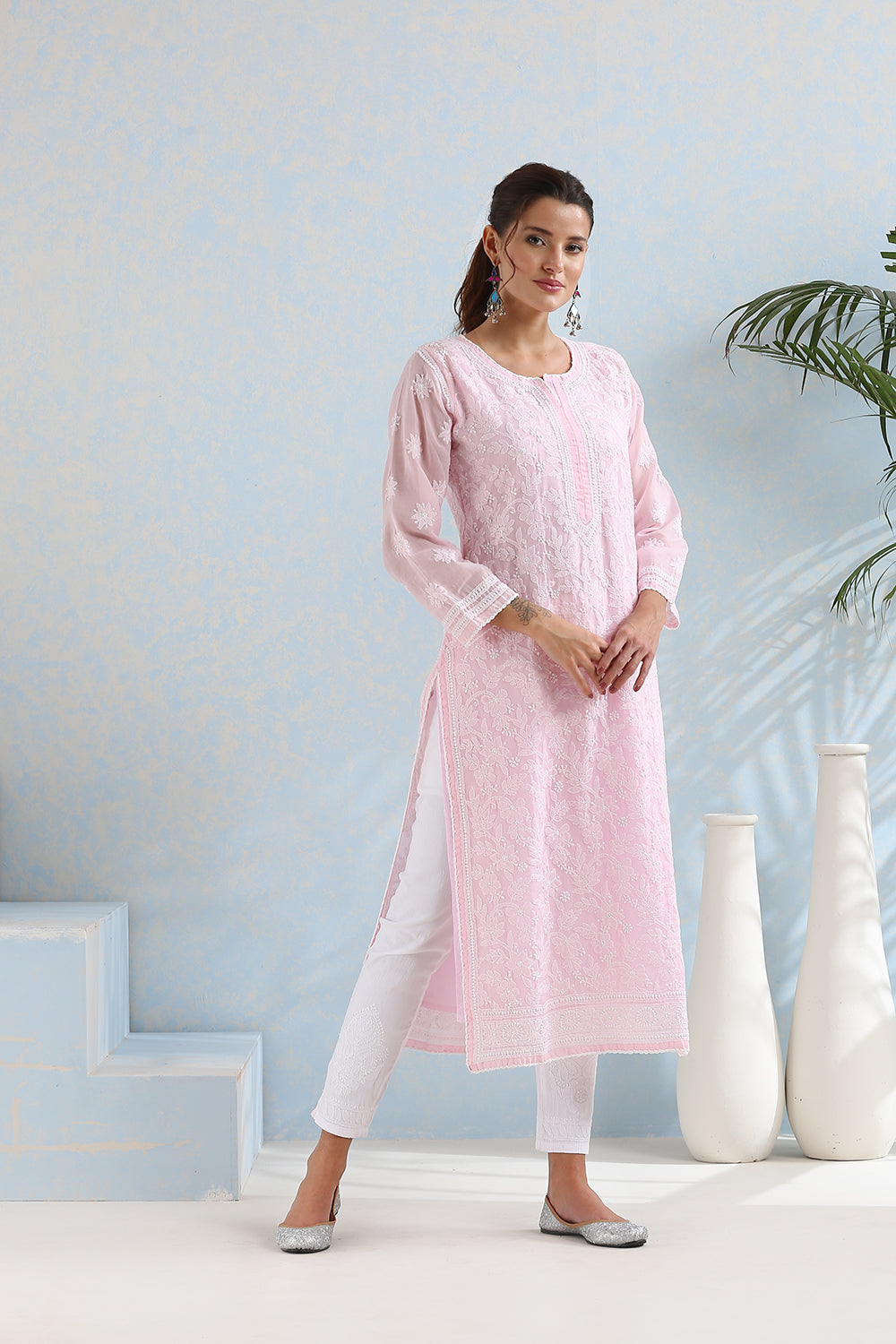 Pink Chikankari Front & Back Fully Embroidered Kurta with Slip - Set of 2