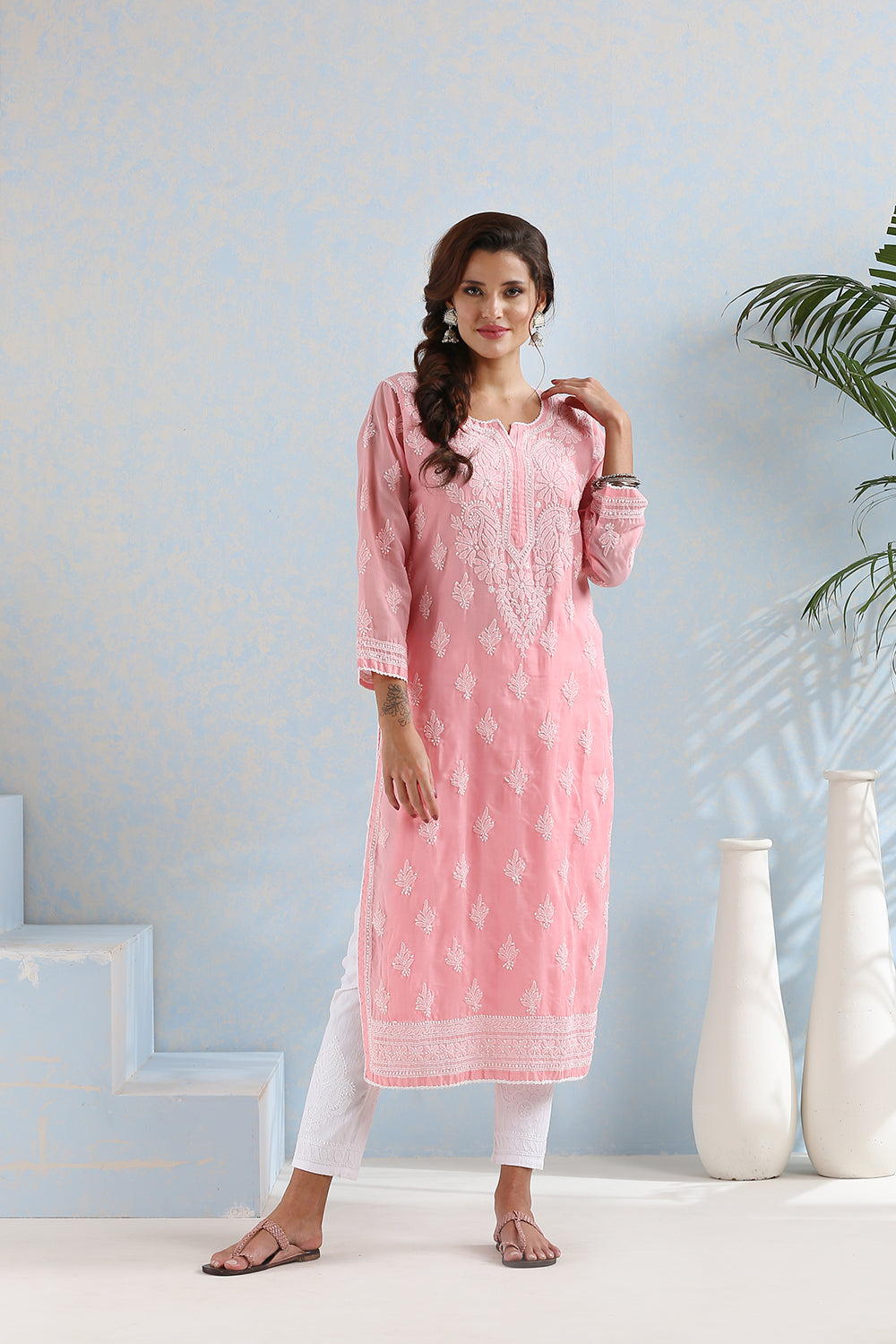 Crimson Chikankari Mul Cotton Designer Kurta with Slip - Set of 2