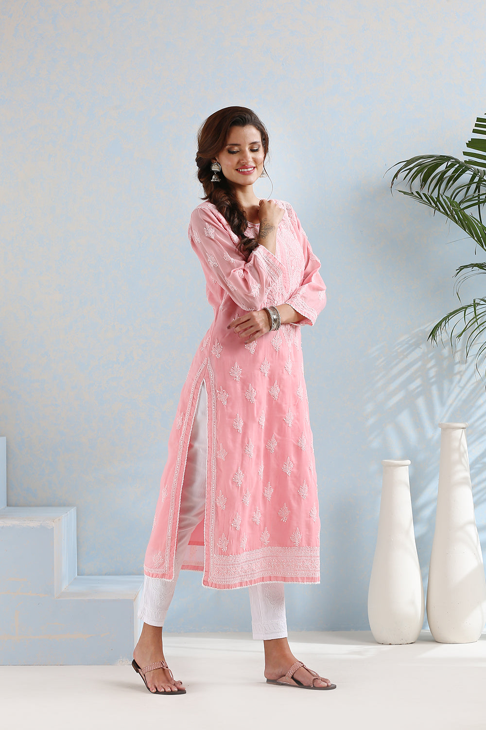Crimson Chikankari Mul Cotton Designer Kurta with Slip - Set of 2