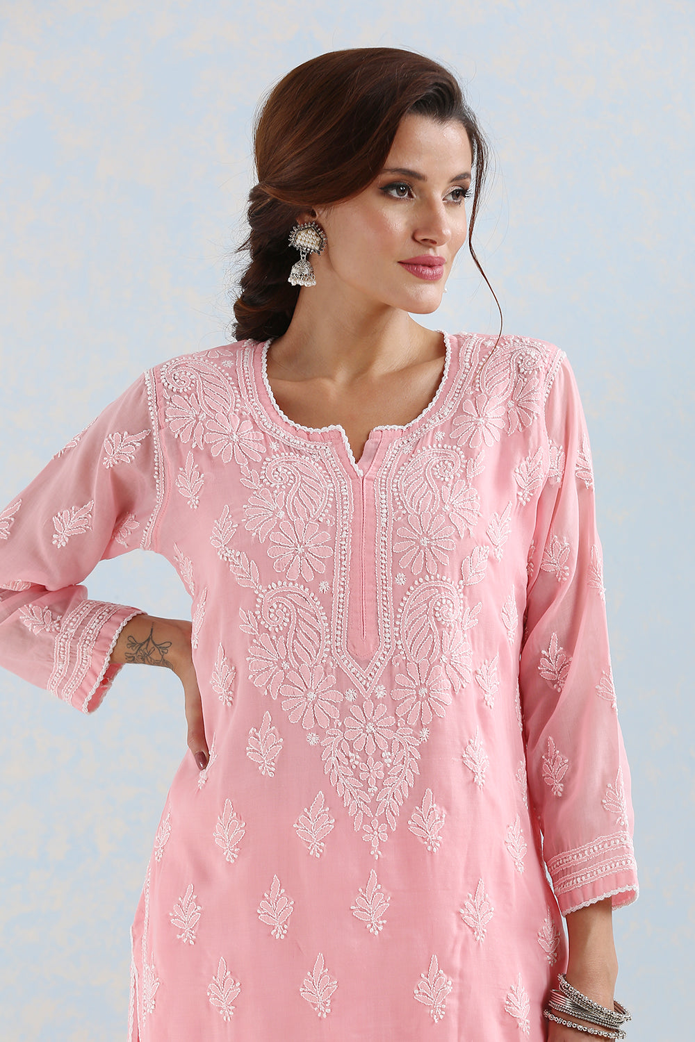 Crimson Chikankari Mul Cotton Designer Kurta with Slip - Set of 2