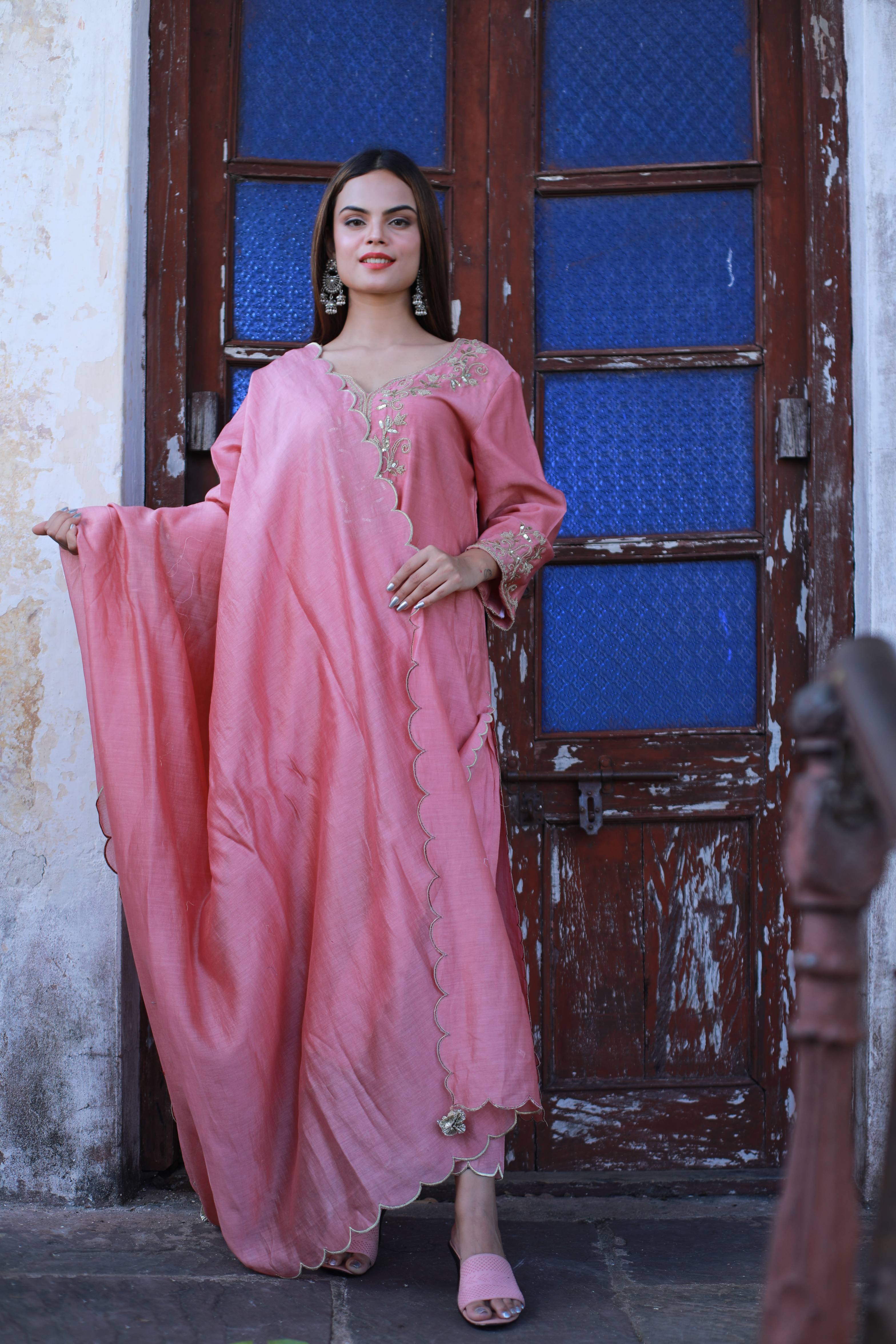 Rose Gold Beaded Chanderi Suit Set