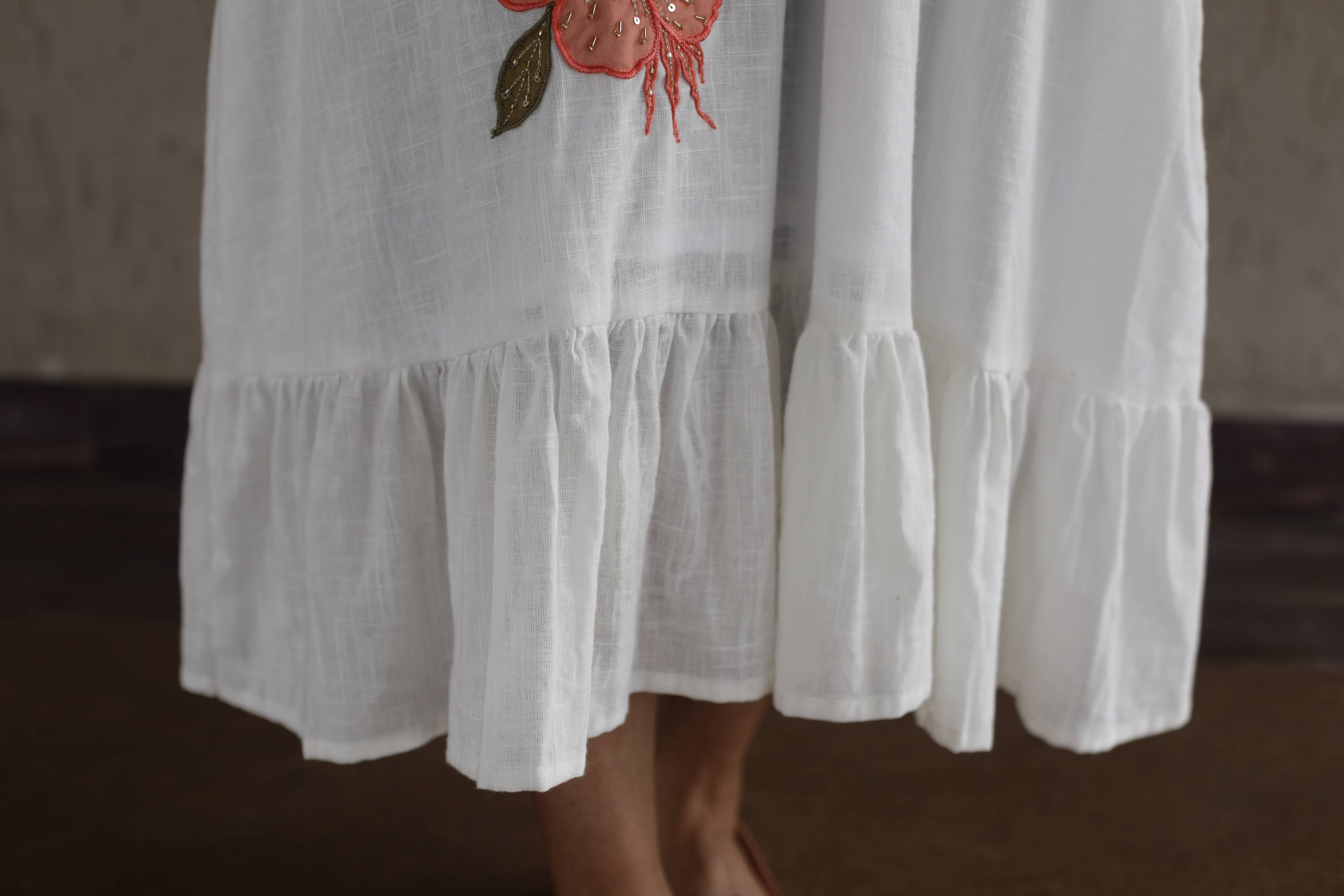 White Floral Cotton Slub Patched Dress