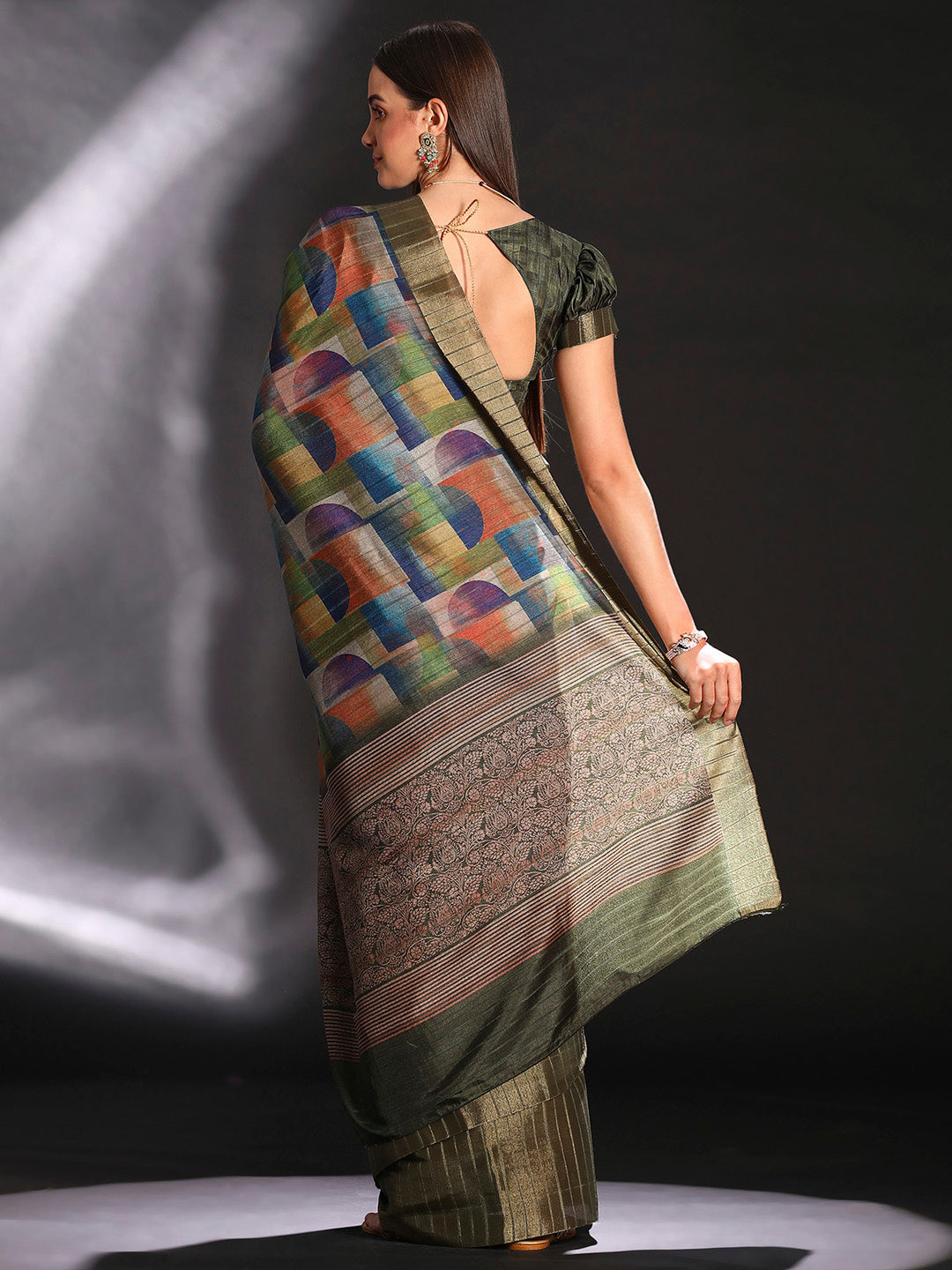 Silk Blend Multicolored Printed Designer Saree With Blouse