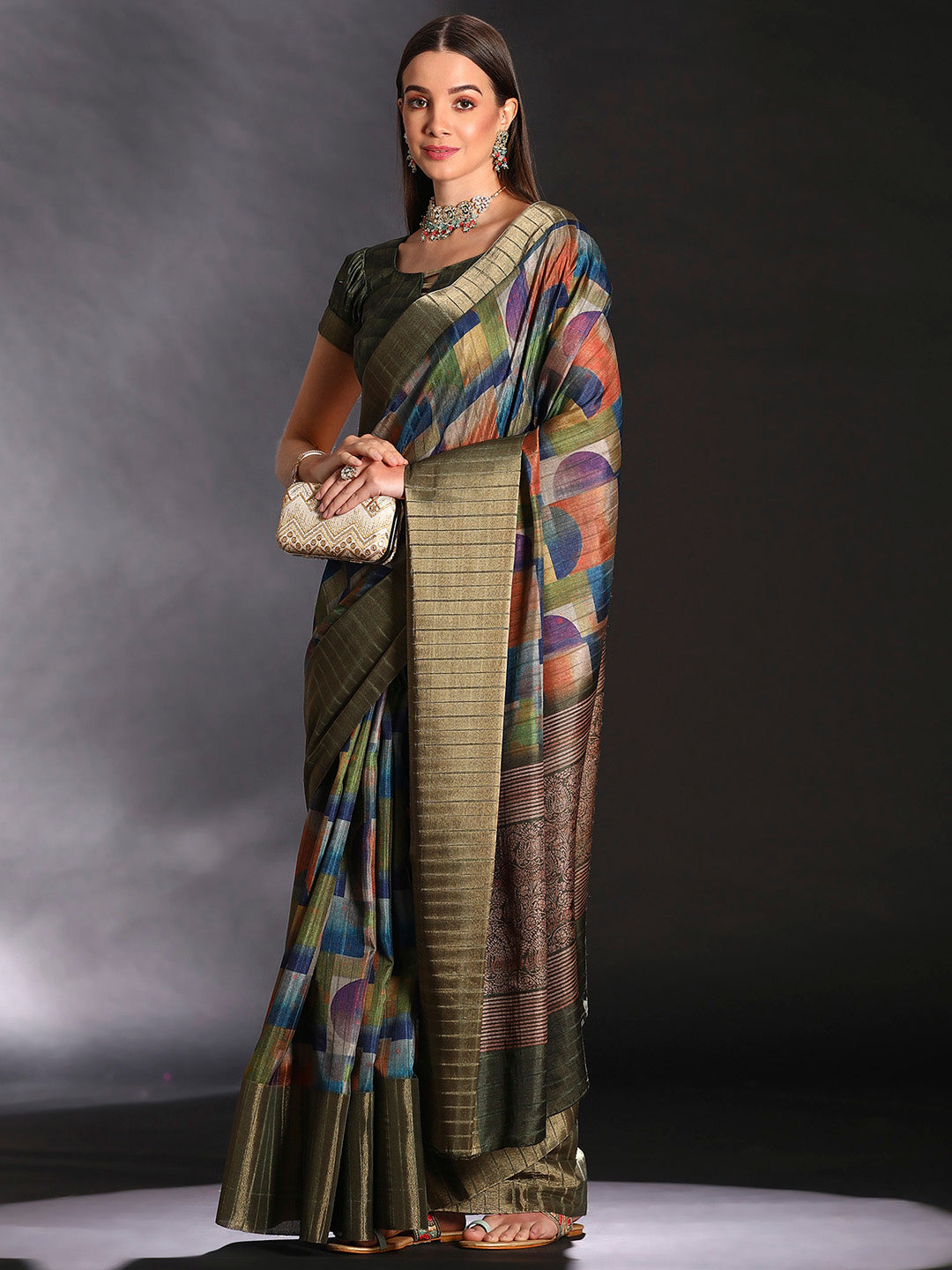 Silk Blend Multicolored Printed Designer Saree With Blouse