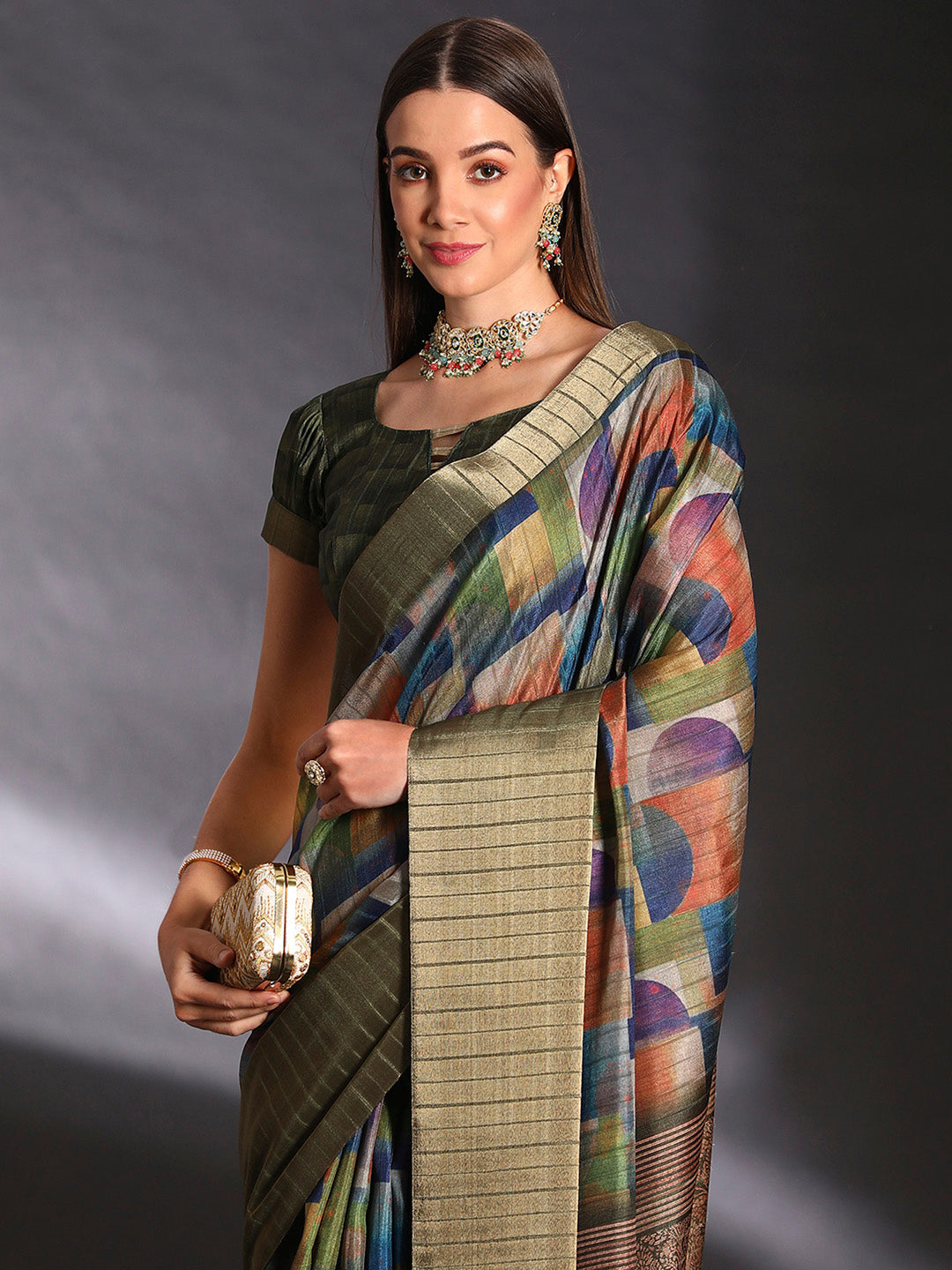 Silk Blend Multicolored Printed Designer Saree With Blouse