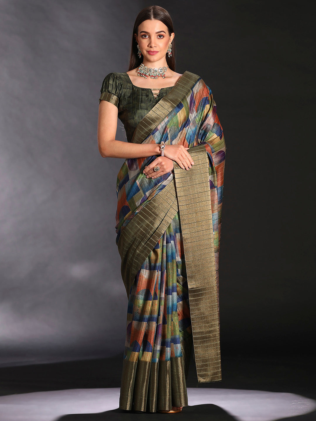 Silk Blend Multicolored Printed Designer Saree With Blouse