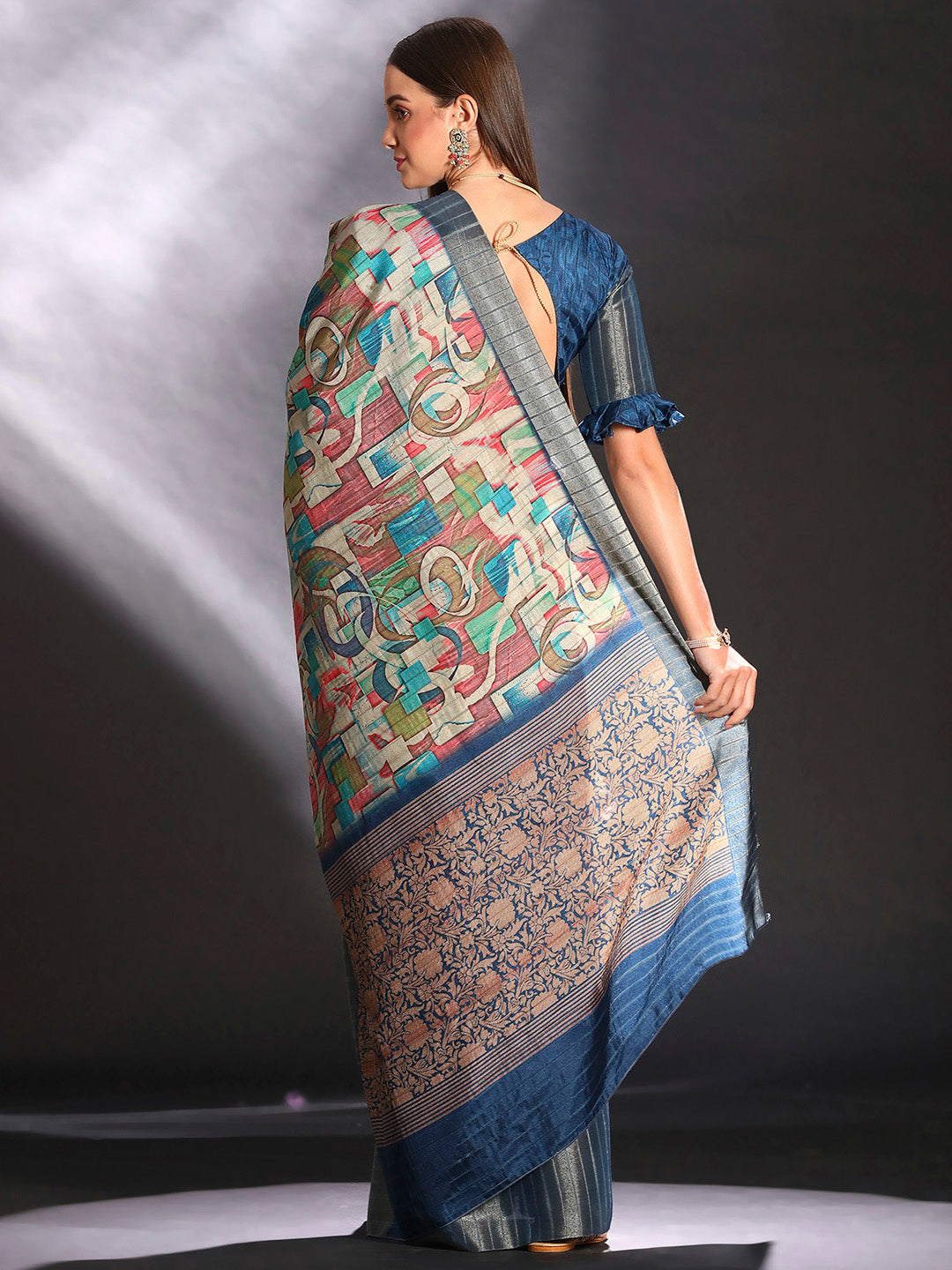 Silk Blend Multicolored Printed Designer Saree With Blouse