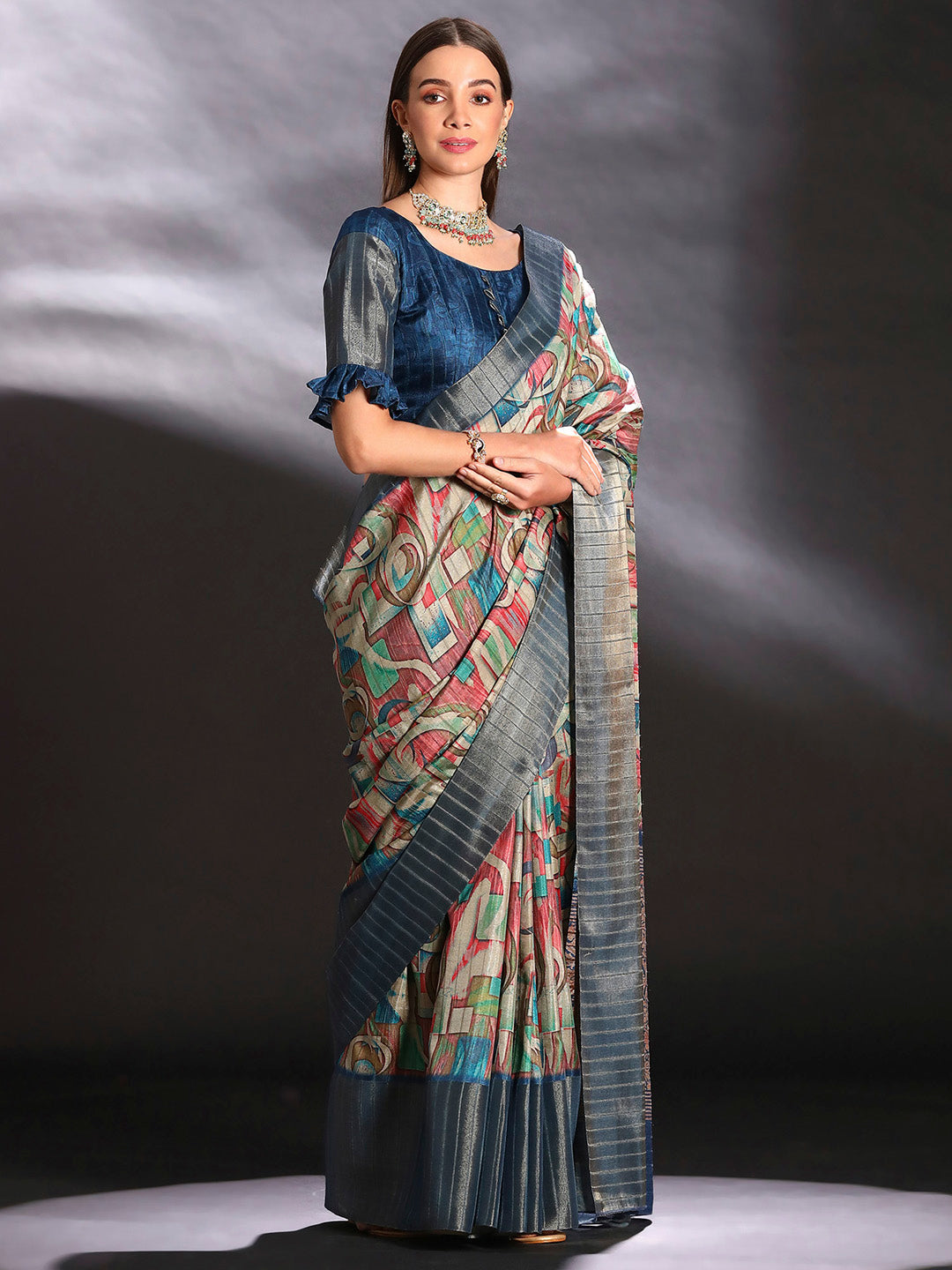 Silk Blend Multicolored Printed Designer Saree With Blouse