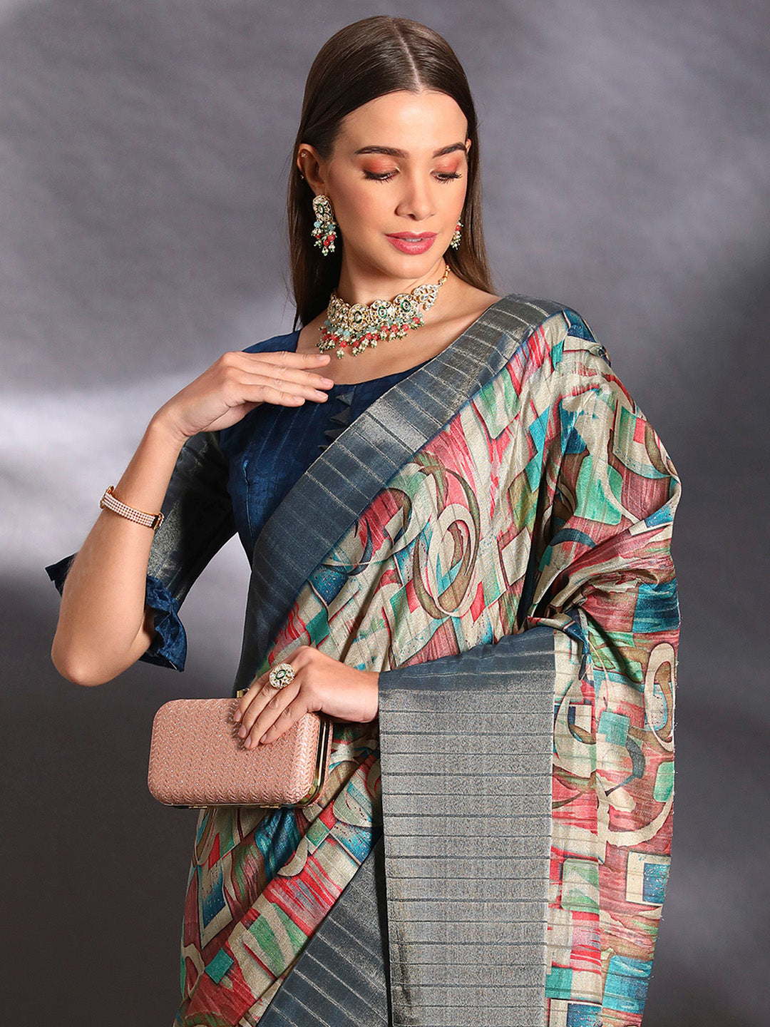Silk Blend Multicolored Printed Designer Saree With Blouse