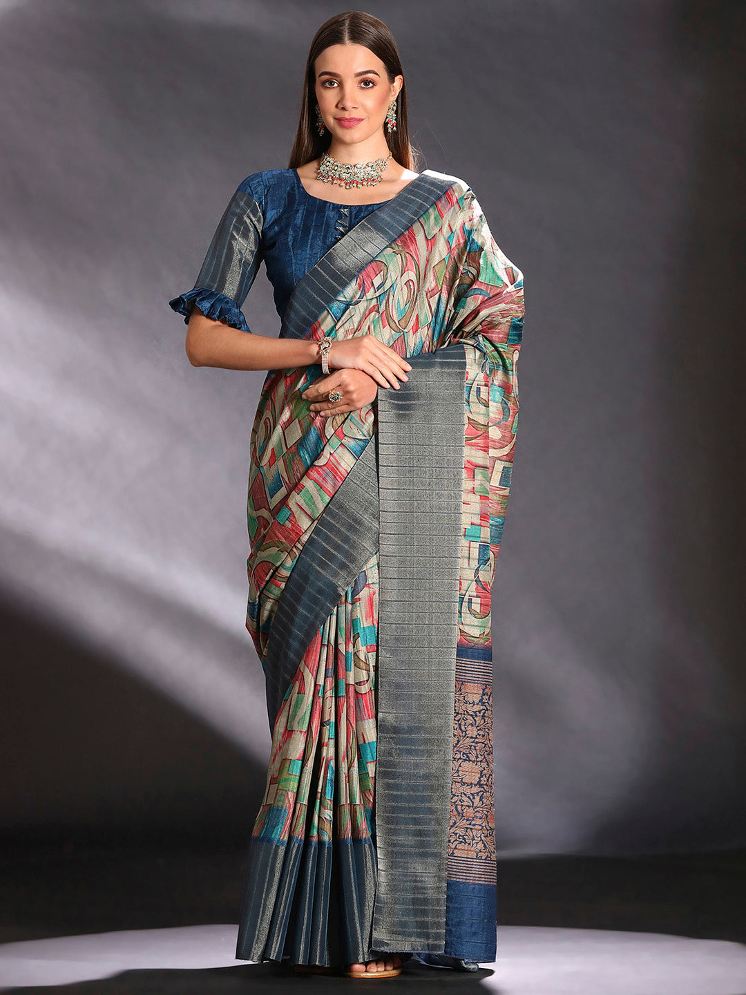 Silk Blend Multicolored Printed Designer Saree With Blouse