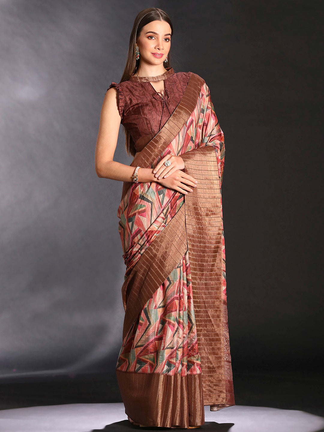 Silk Blend Multicolored Printed Designer Saree With Blouse