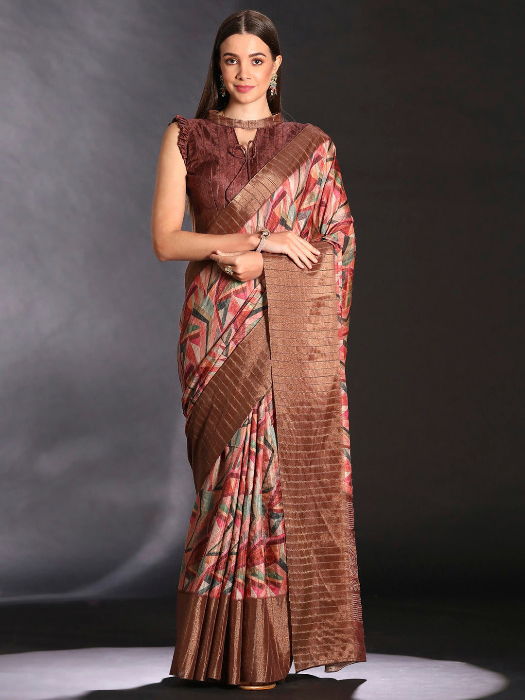 Silk Blend Multicolored Printed Designer Saree With Blouse