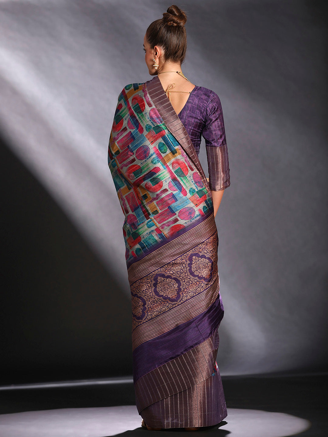 Silk Blend Multicolored Printed Designer Saree With Blouse