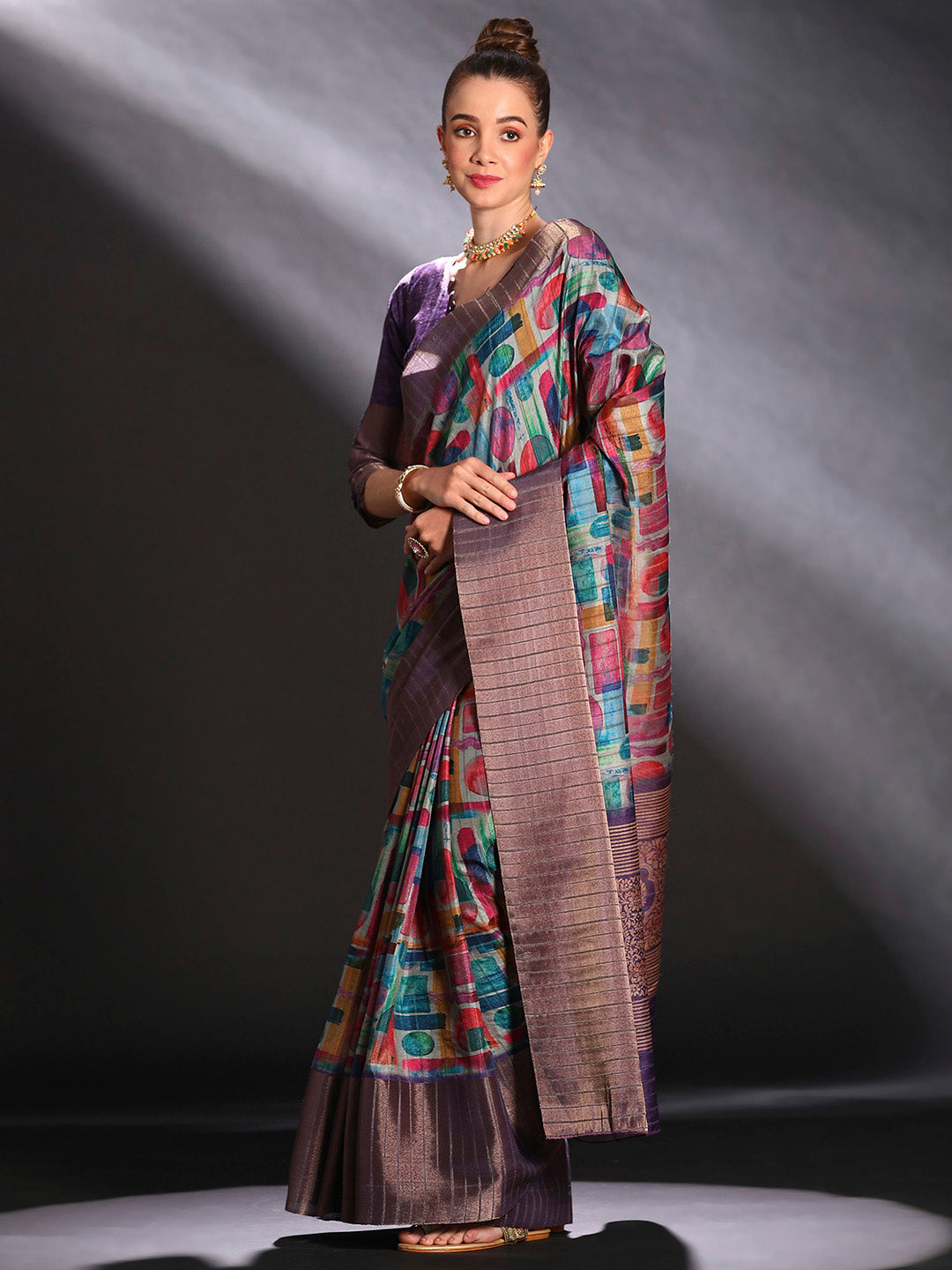 Silk Blend Multicolored Printed Designer Saree With Blouse