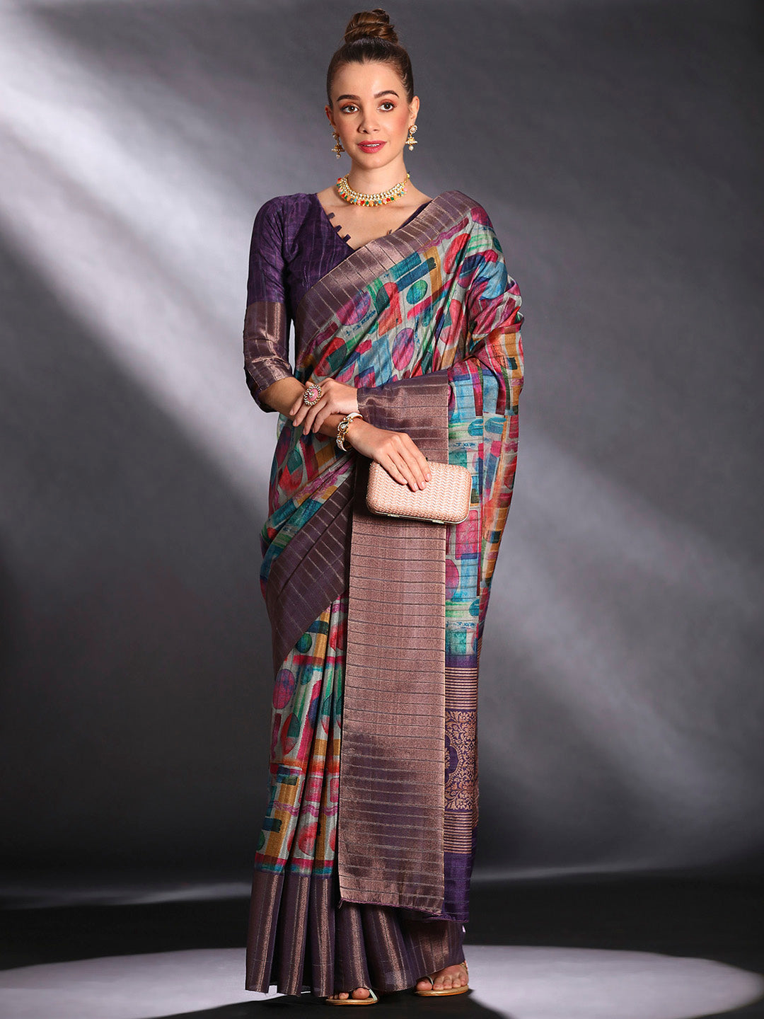 Silk Blend Multicolored Printed Designer Saree With Blouse
