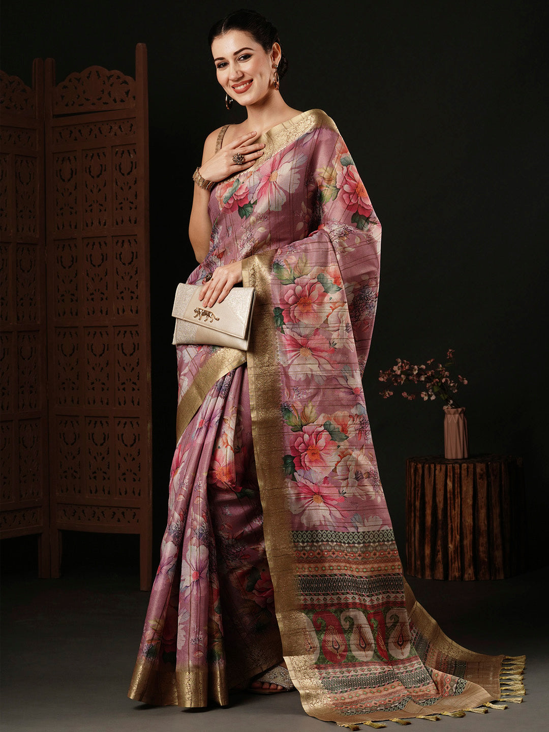 Banarasi Silk Mauve Printed Designer Saree With Blouse