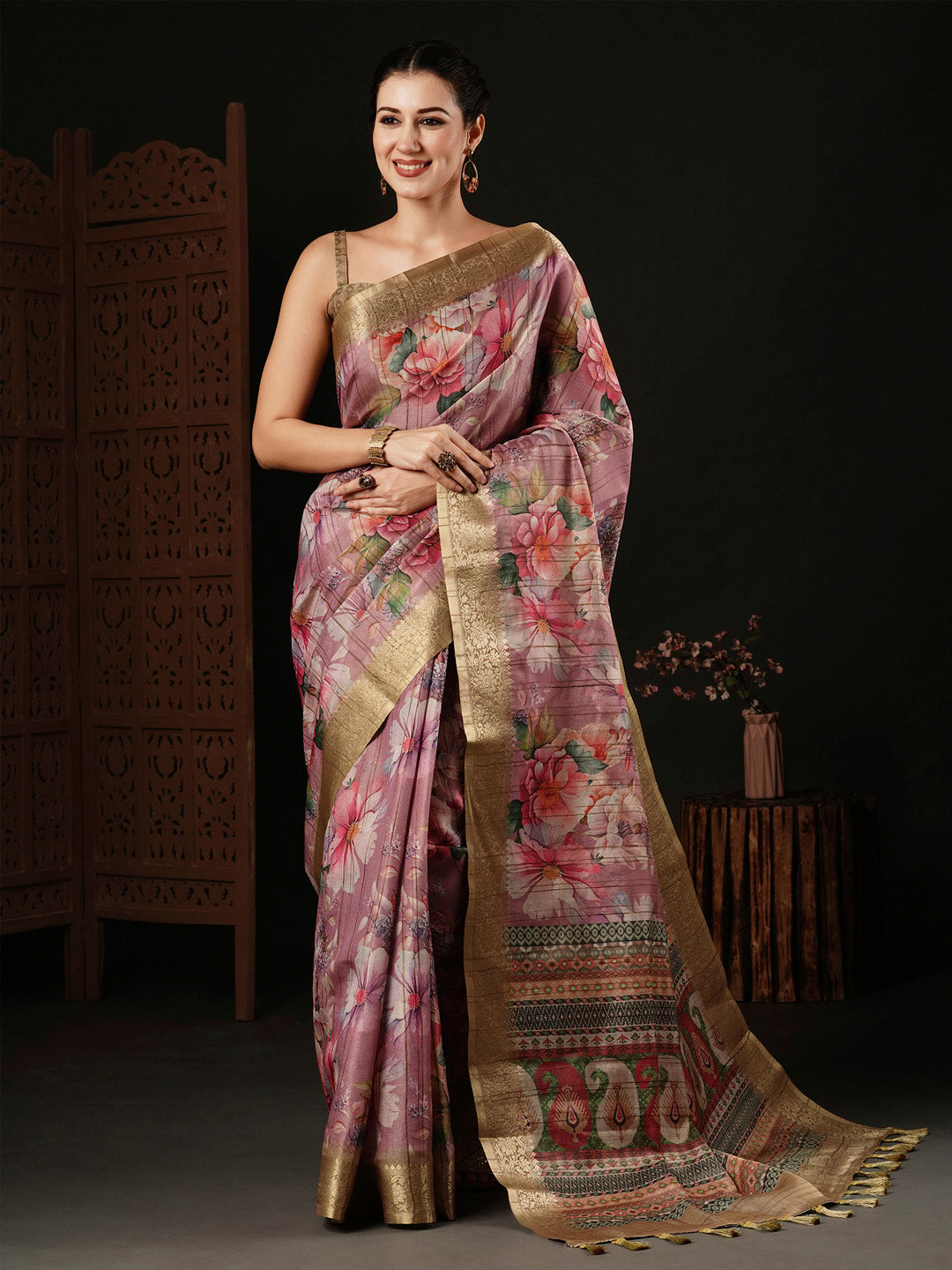 Banarasi Silk Mauve Printed Designer Saree With Blouse