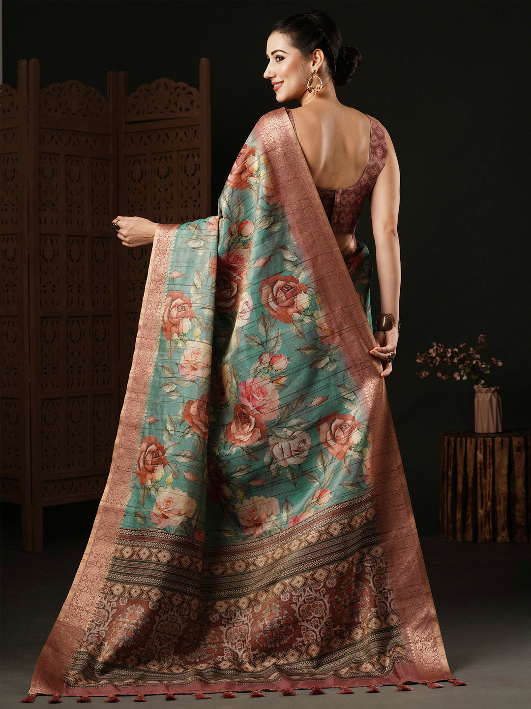 Banarasi Silk Teal blue Printed Designer Saree With Blouse