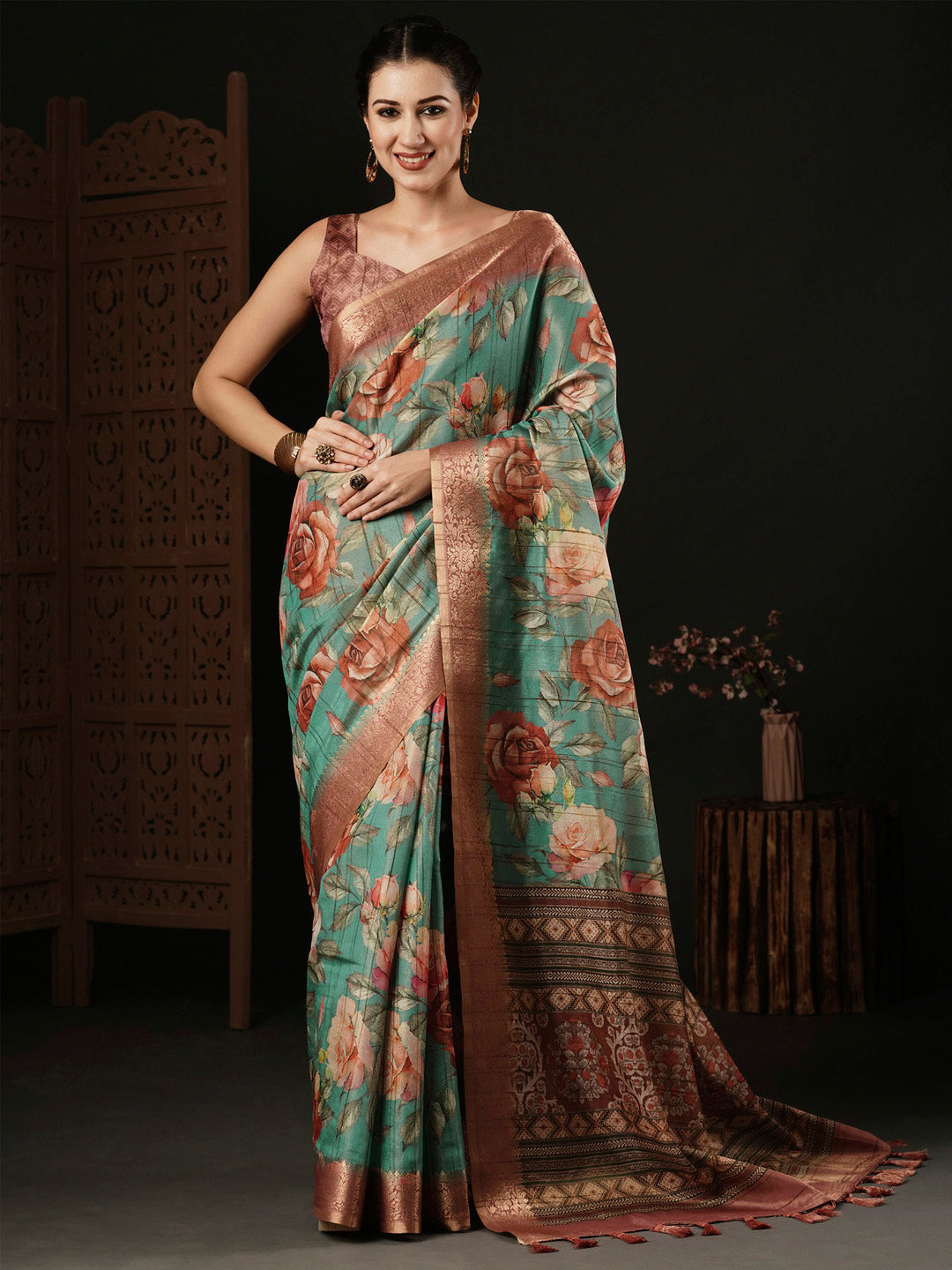 Banarasi Silk Teal blue Printed Designer Saree With Blouse