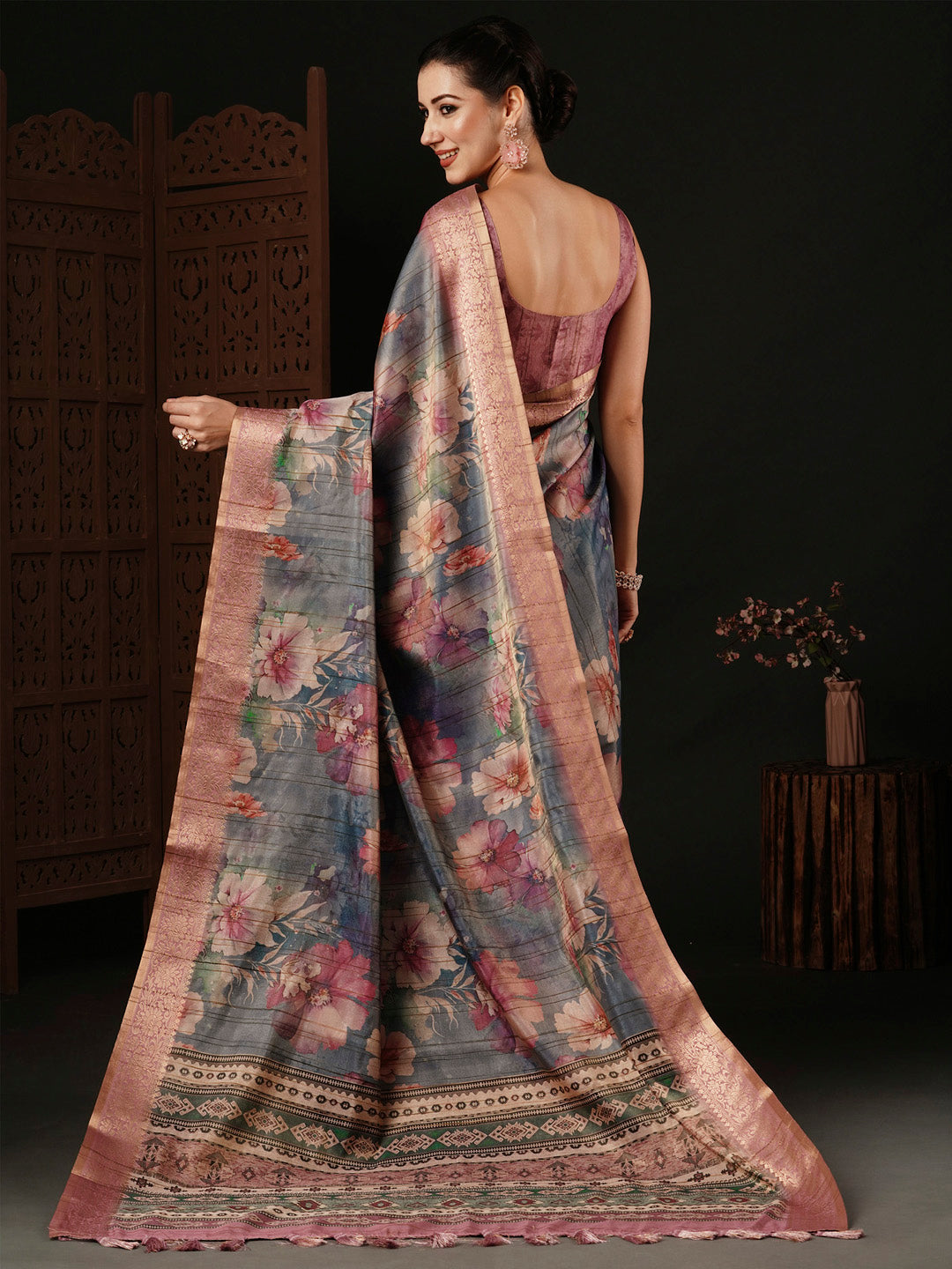 Banarasi Silk Grey Printed Designer Saree With Blouse