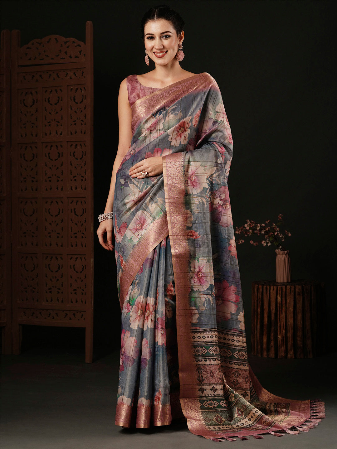 Banarasi Silk Grey Printed Designer Saree With Blouse