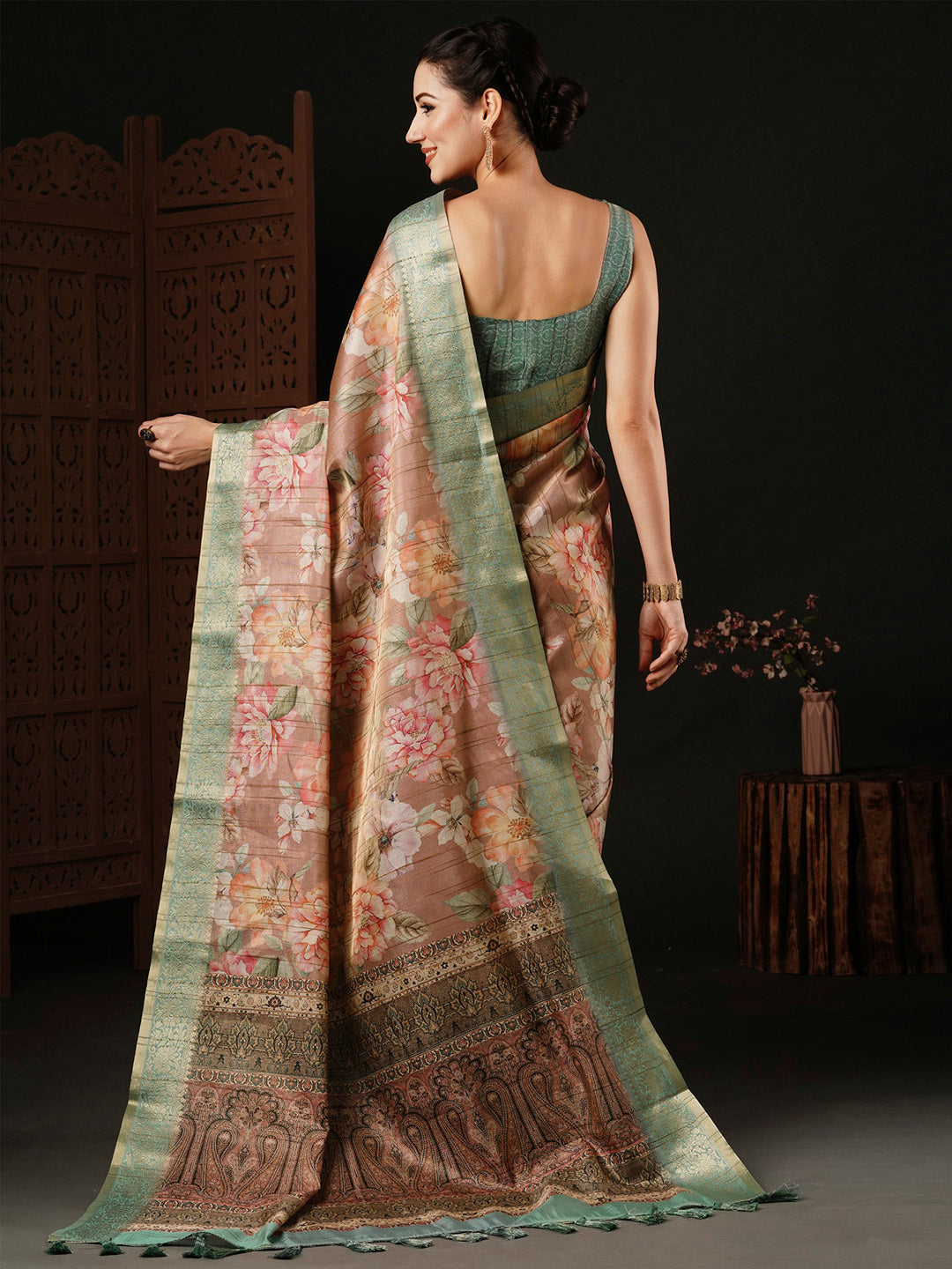 Banarasi Silk Beige Printed Designer Saree With Blouse