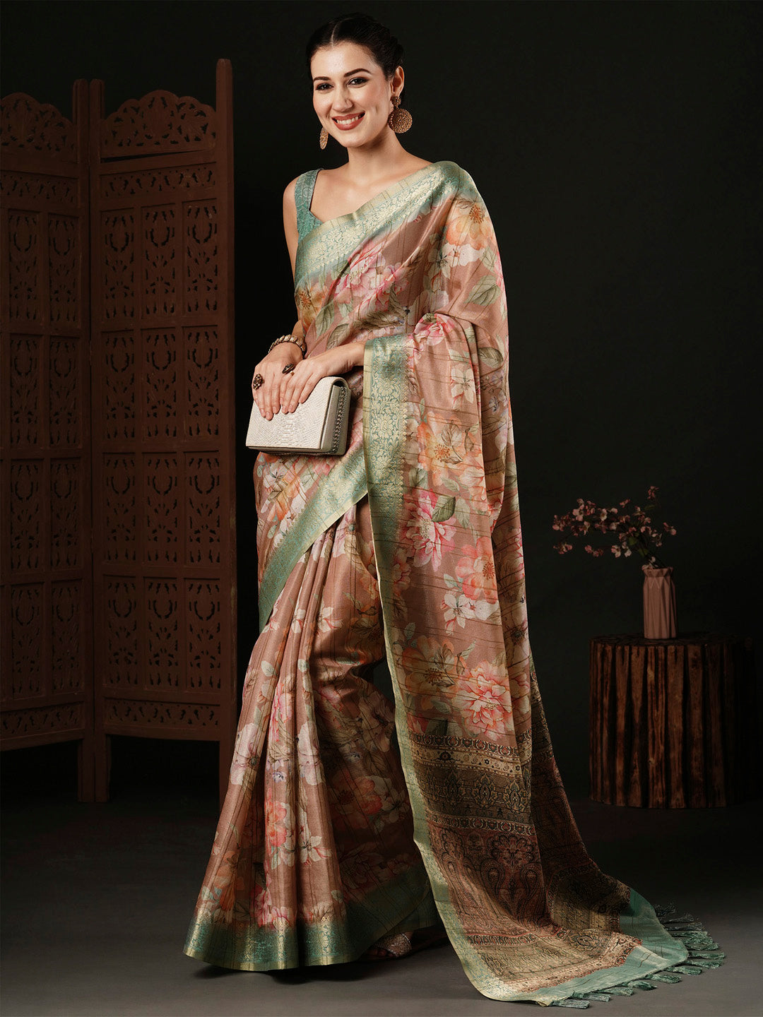 Banarasi Silk Beige Printed Designer Saree With Blouse