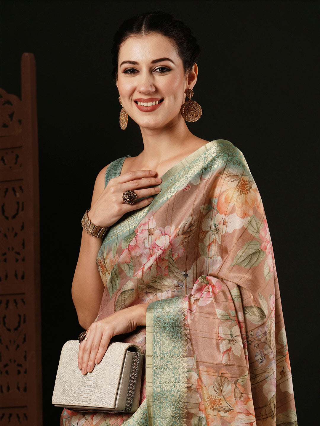 Banarasi Silk Beige Printed Designer Saree With Blouse