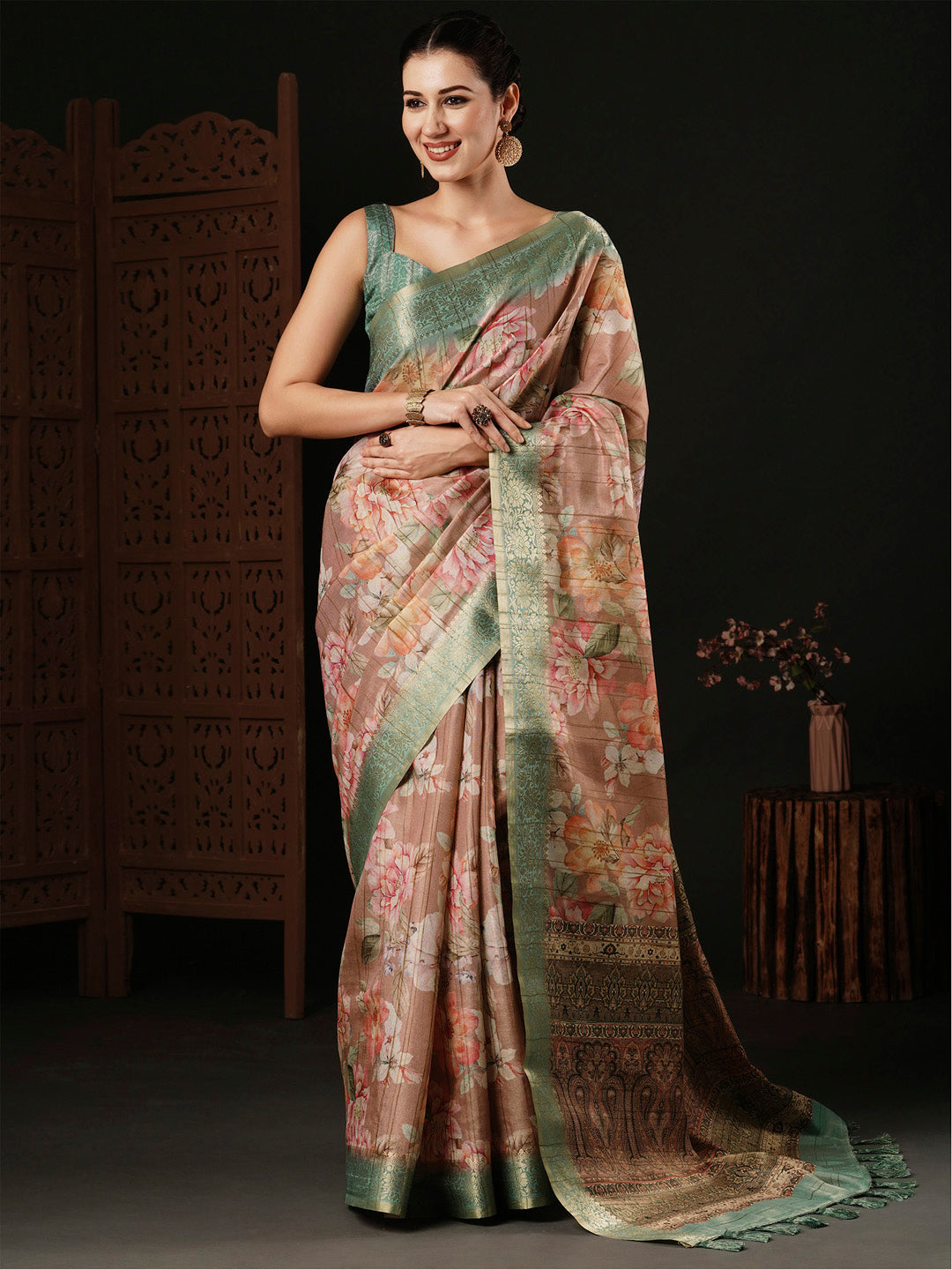 Banarasi Silk Beige Printed Designer Saree With Blouse