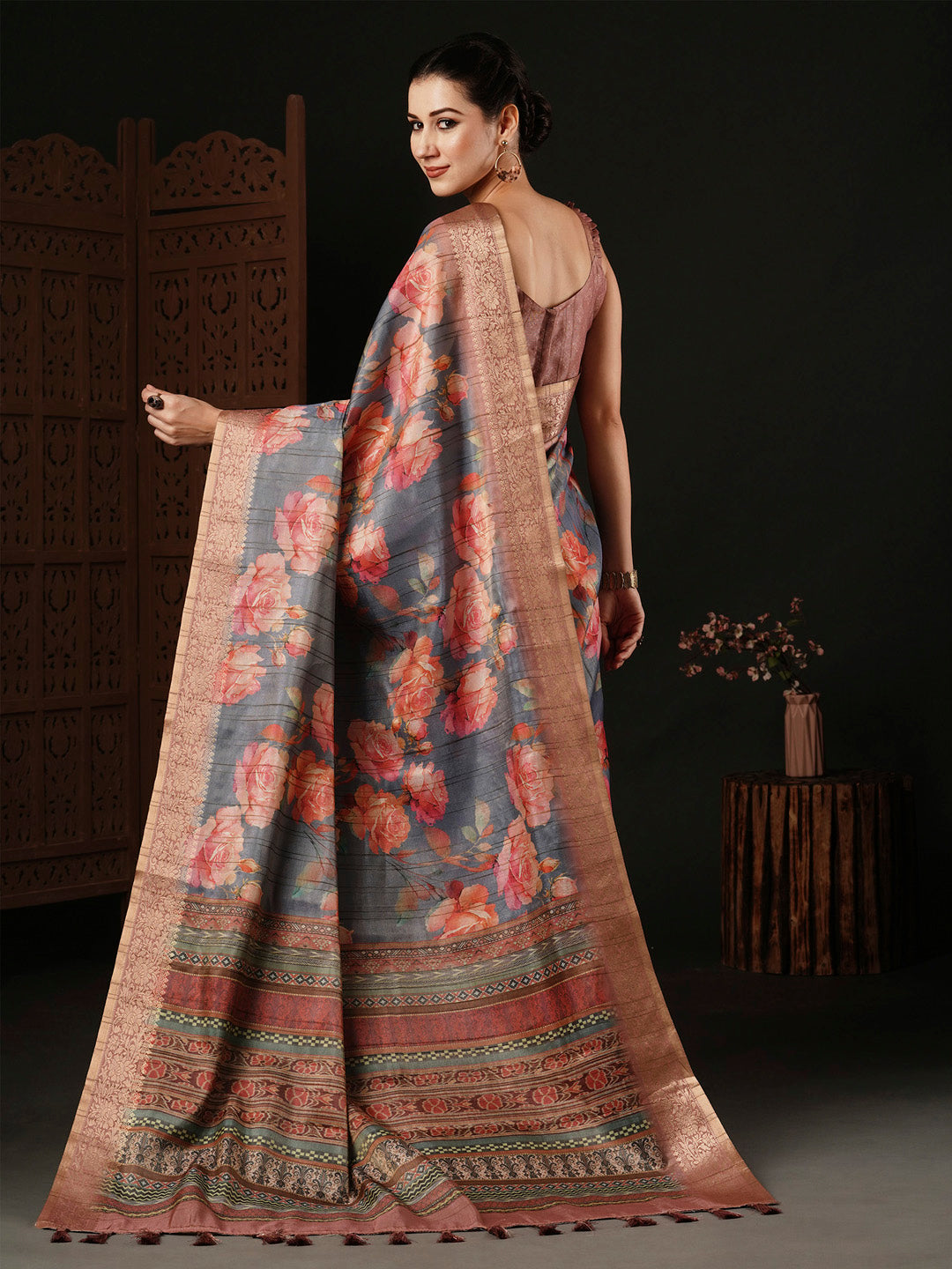 Banarasi Silk Grey Printed Designer Saree With Blouse