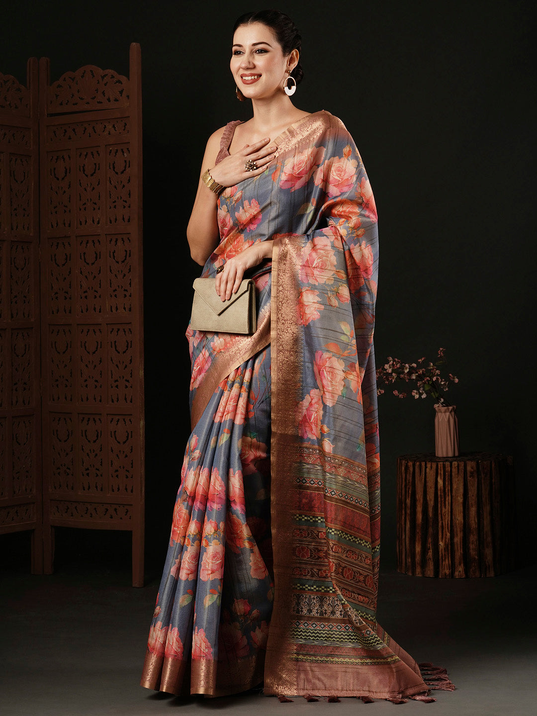 Banarasi Silk Grey Printed Designer Saree With Blouse