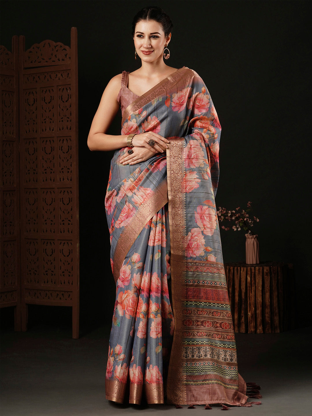 Banarasi Silk Grey Printed Designer Saree With Blouse