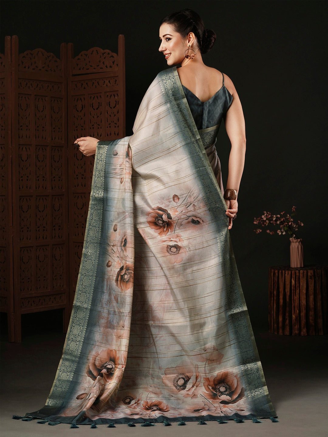 Banarasi Silk Peach Printed Designer Saree With Blouse