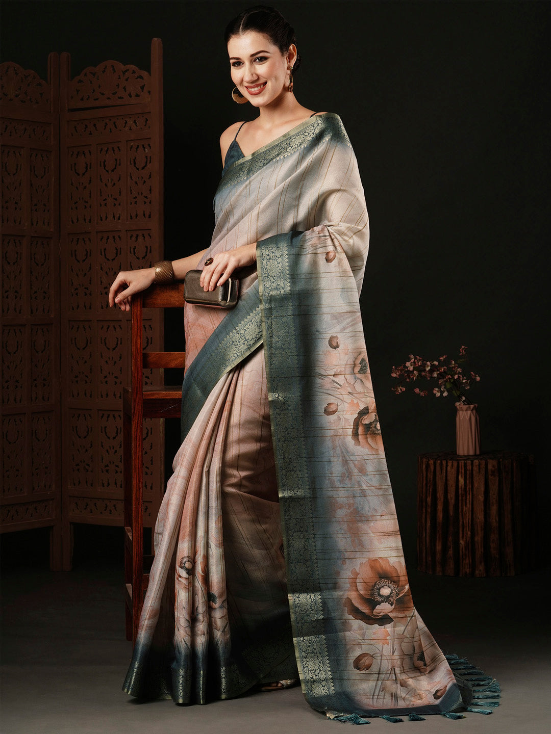 Banarasi Silk Peach Printed Designer Saree With Blouse