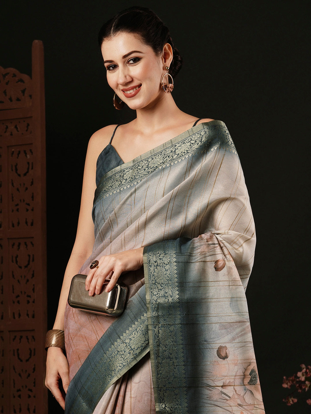 Banarasi Silk Peach Printed Designer Saree With Blouse