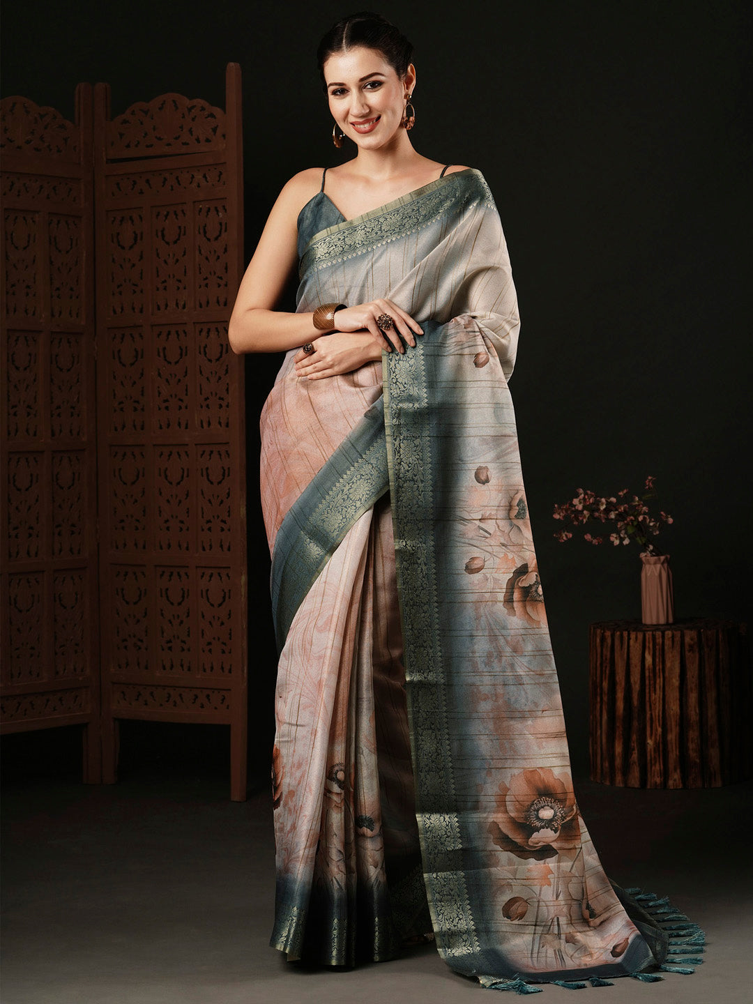 Banarasi Silk Peach Printed Designer Saree With Blouse