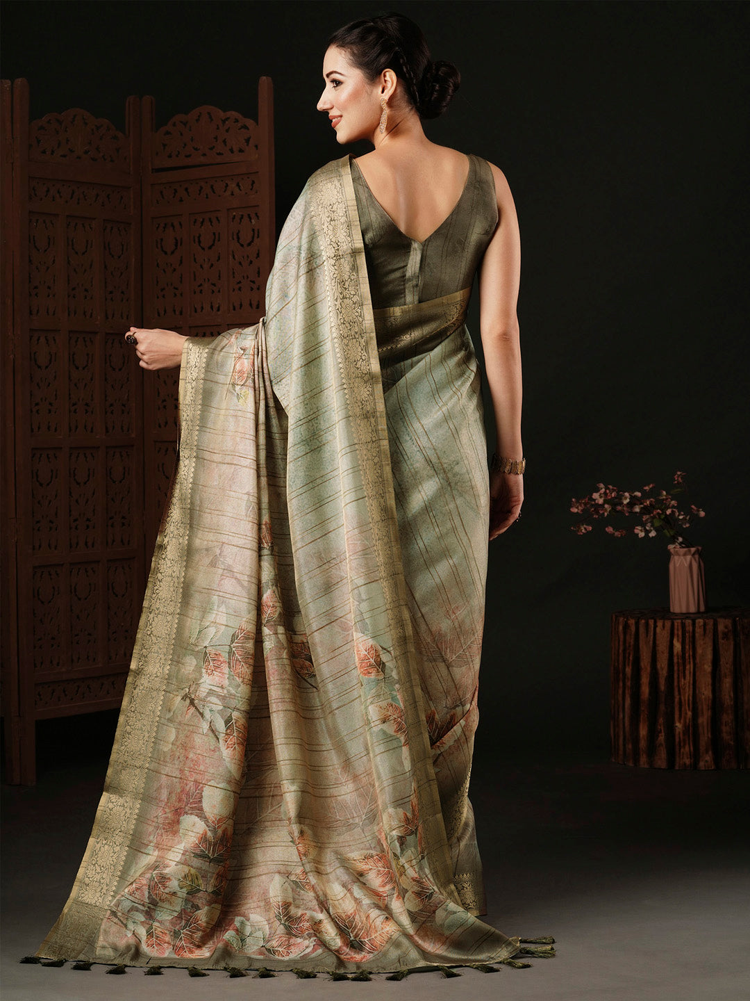 Banarasi Silk Sea Green Printed Designer Saree With Blouse