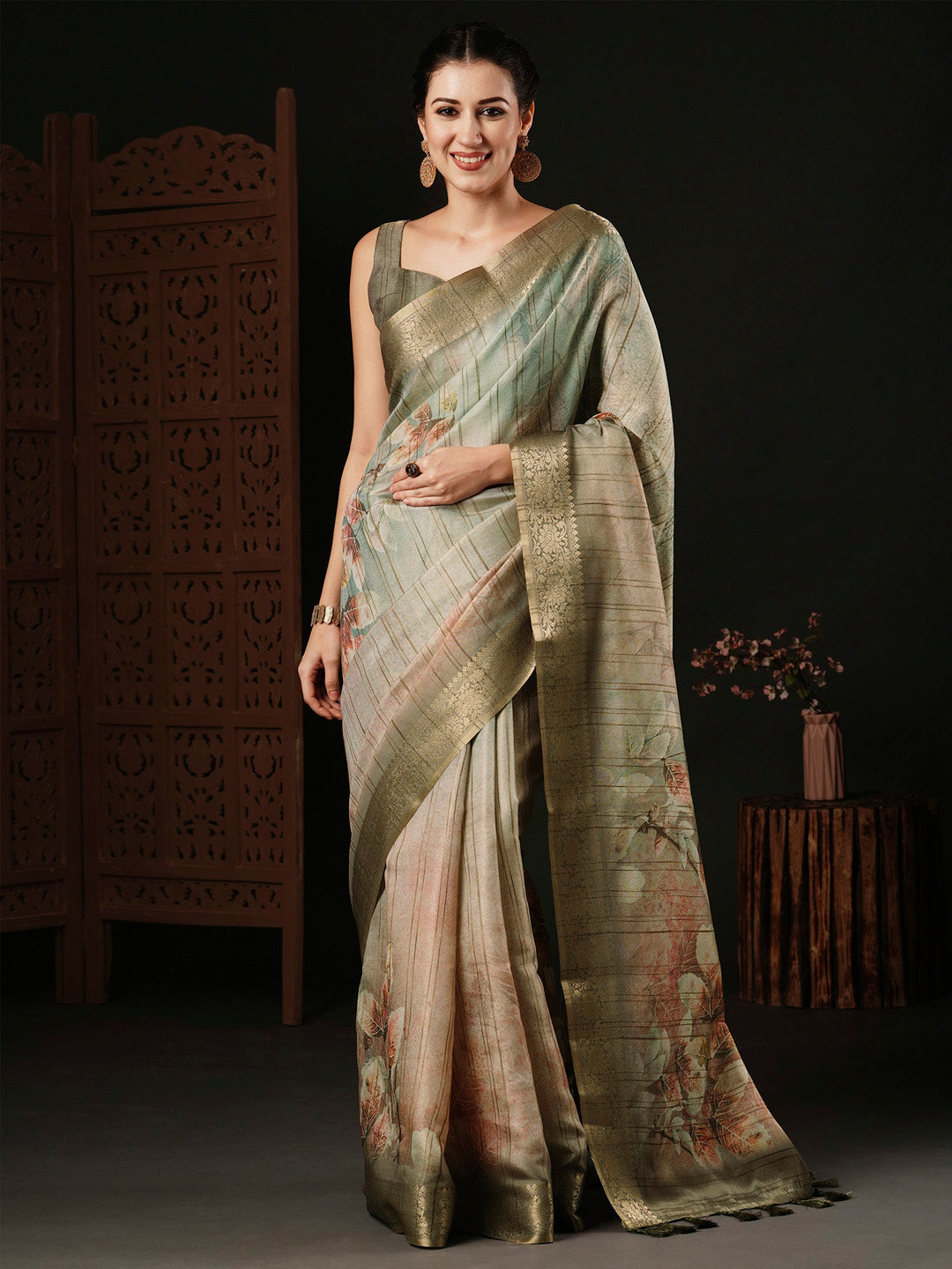 Banarasi Silk Sea Green Printed Designer Saree With Blouse