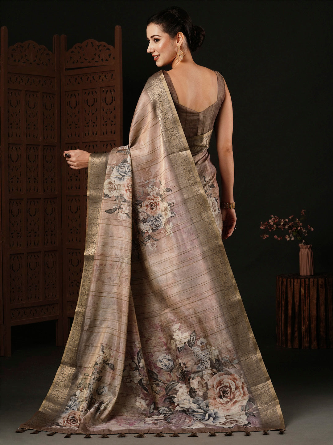 Banarasi Silk Beige Printed Designer Saree With Blouse