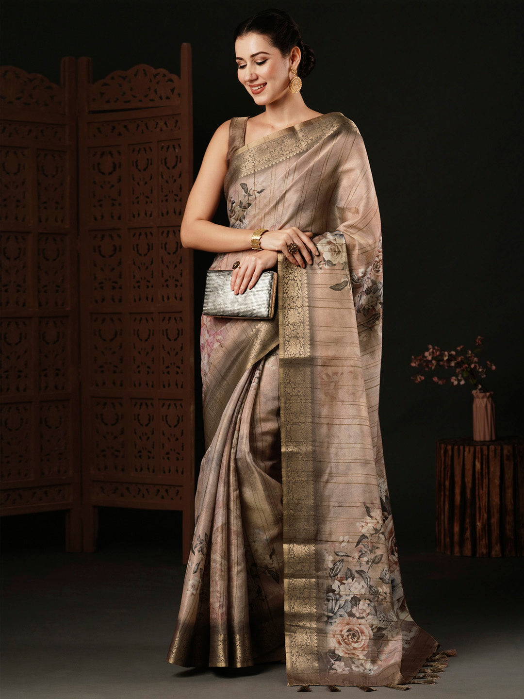 Banarasi Silk Beige Printed Designer Saree With Blouse