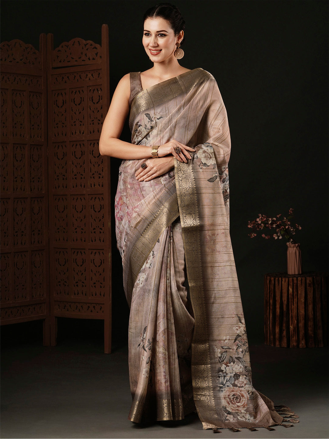 Banarasi Silk Beige Printed Designer Saree With Blouse