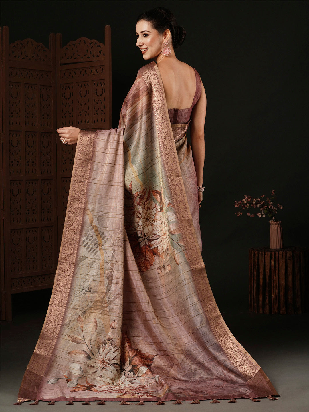 Banarasi Silk Brown Printed Designer Saree With Blouse