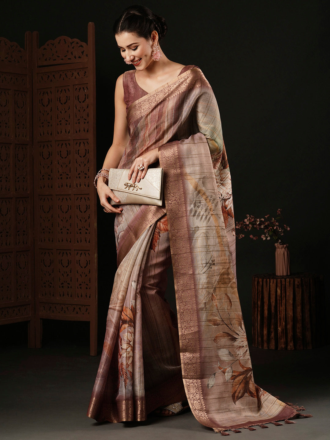 Banarasi Silk Brown Printed Designer Saree With Blouse