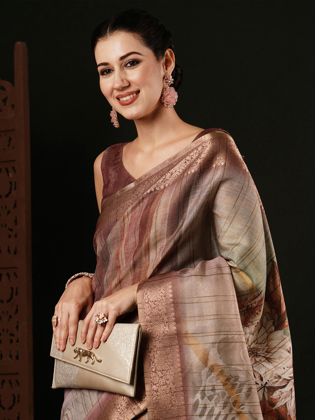 Banarasi Silk Brown Printed Designer Saree With Blouse