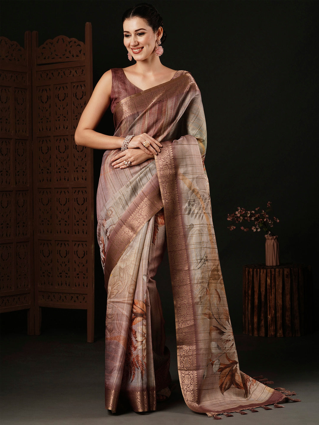 Banarasi Silk Brown Printed Designer Saree With Blouse